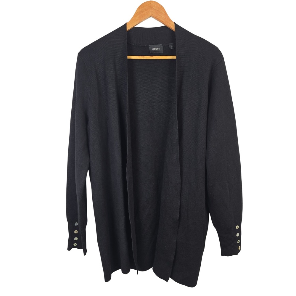 Cyrus Black Open Front Cardigan XL Button Cuff Rayon Blend Minimalist Basic